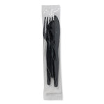 Individually Wrapped Heavyweight Cutlery Set, Fork/Knife/Napkin/Spoon, Plastic, Black, 250/Carton