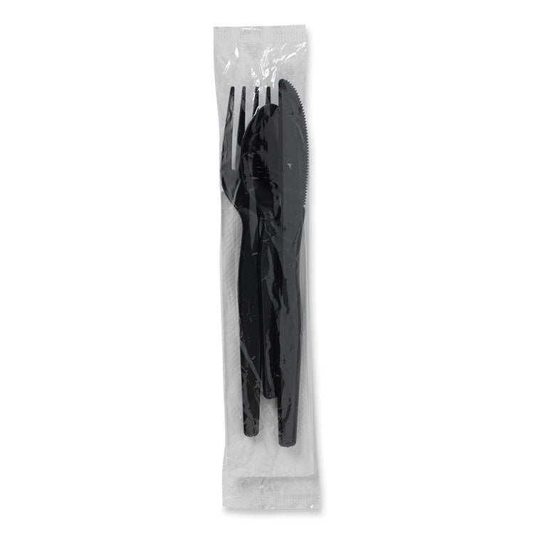 Individually Wrapped Heavyweight Cutlery Set, Fork/Knife/Napkin/Spoon, Plastic, Black, 250/Carton