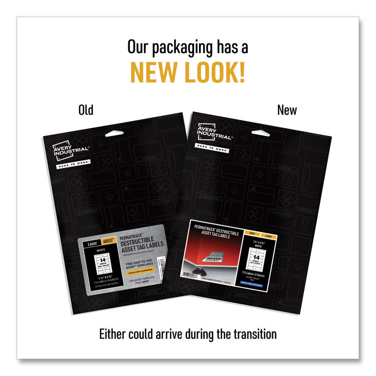 Permatrack Destructible Asset Tag Labels, Laser Printers, 1.25 X 2.75, White, 14/sheet, 8 Sheets/pack