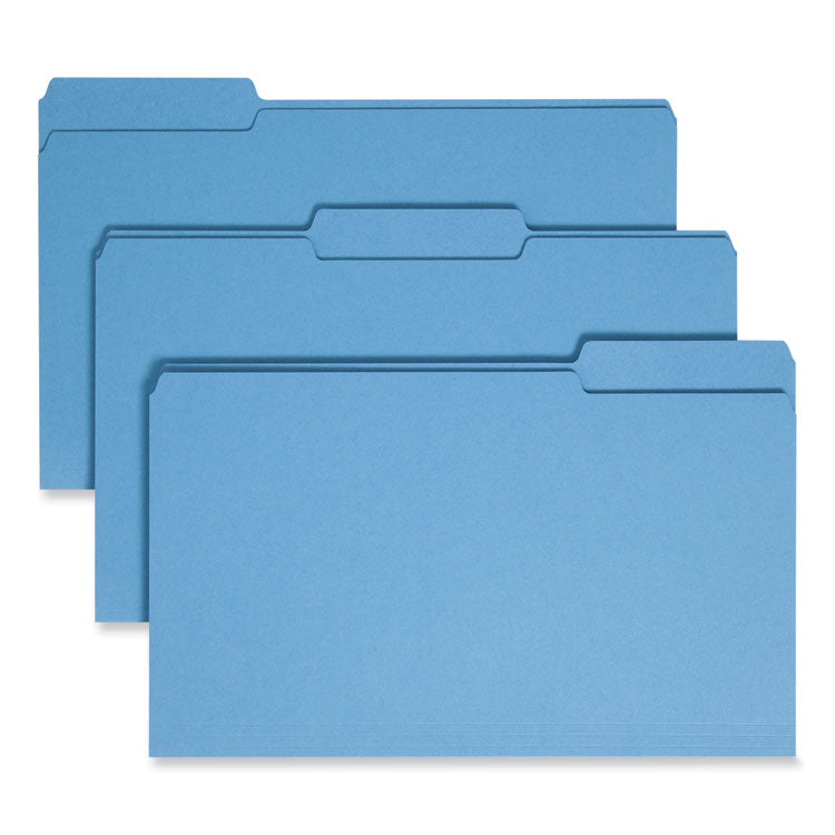 Colored File Folders, 1/3-Cut Tabs: Assorted, Legal Size, 0.75" Expansion, Blue, 100/Box