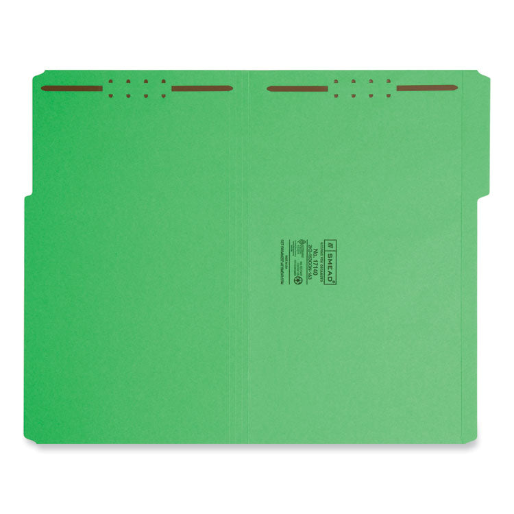 Top Tab Colored Fastener Folders, 0.75" Expansion, 2 Fasteners, Legal Size, Green Exterior, 50/Box