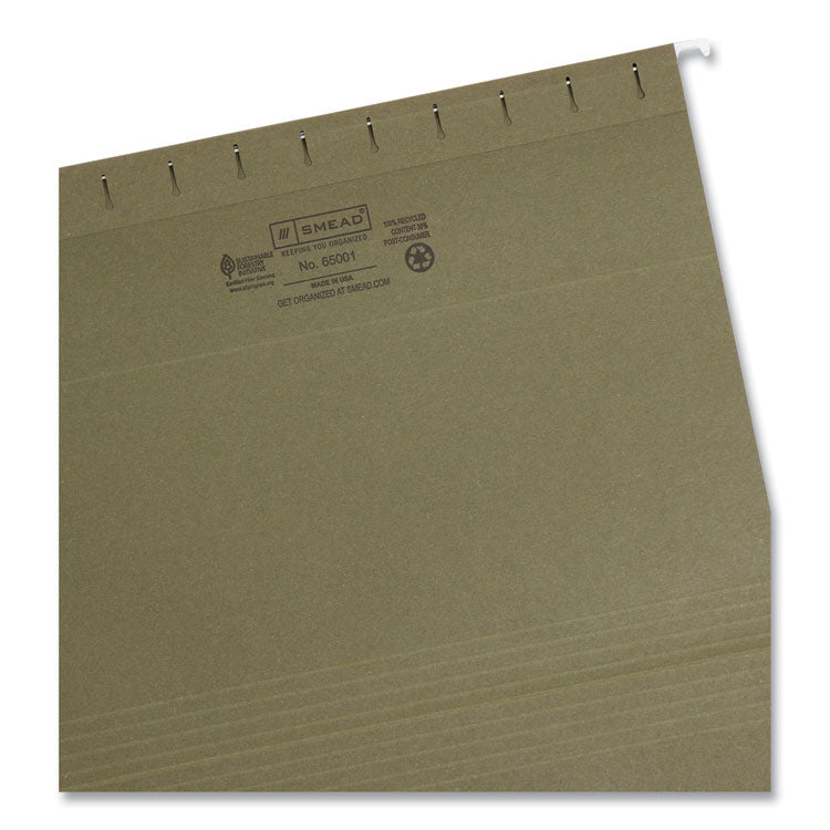 100% Recycled Hanging File Folders, Letter Size, 1/5-Cut Tabs, Standard Green, 25/Box