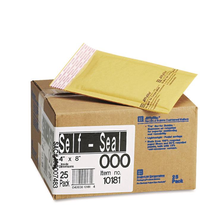 Jiffylite Self-Seal Bubble Mailer, #000, Barrier Bubble Air Cell Cushion, Self-Adhesive Closure, 4 x 8, Brown Kraft, 25/CT