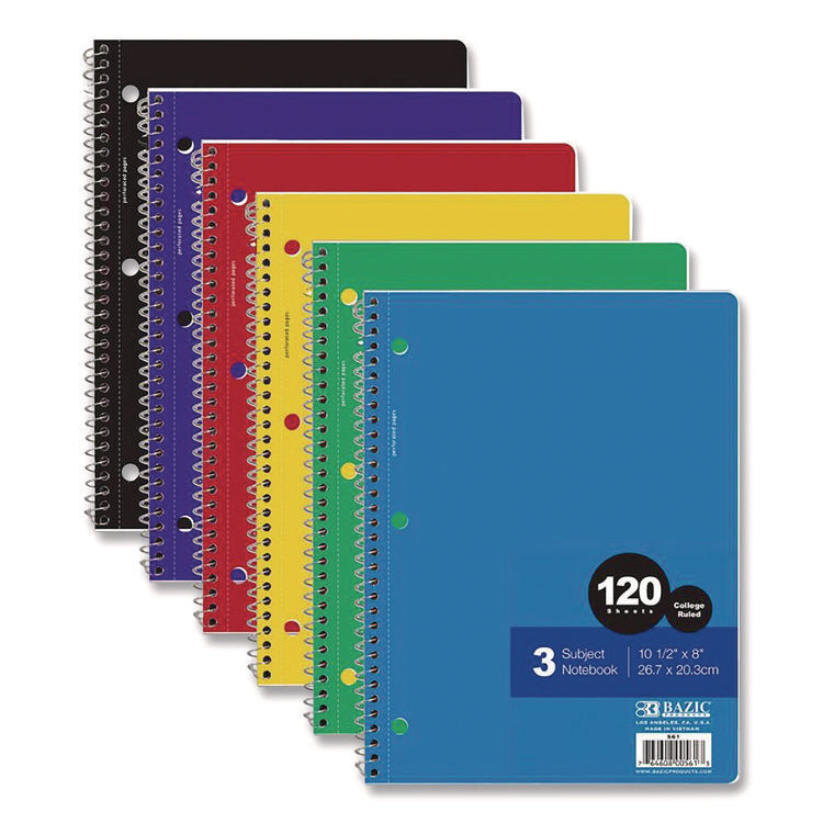 Spiral Notebooks, 3-Subject, Medium/College Rule, Randomly Assorted Cover Color, (120) 10.5 x 8 Sheets