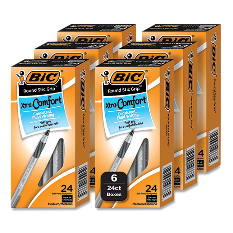 Round Stic Grip Xtra Comfort Ballpoint Pen, Stick, Medium 1 mm, Black Ink, Gray/Black Barrel, 144/Pack