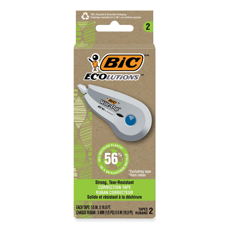Wite-Out Brand Ecolutions Correction Tape, Non-Refillable, White,  0.2" x 19.8 ft, 2/Pack