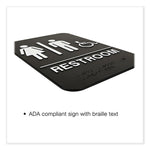 Indoor/Outdoor Restroom Sign with Braille Text and Wheelchair, 6" x 9", Black Face, White Graphics, 3/Pack