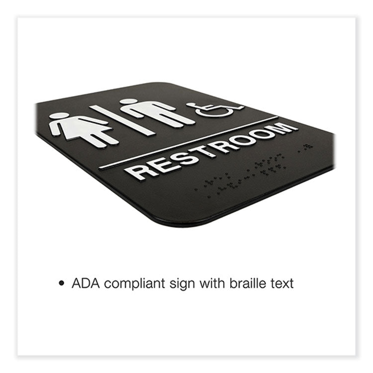 Indoor/Outdoor Restroom Sign with Braille Text and Wheelchair, 6" x 9", Black Face, White Graphics, 3/Pack
