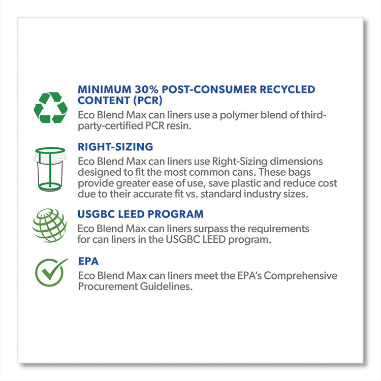 Eco Blend Max Can Liners, 23 gal, 0.8 mil, 28" x 45", Green, 25 Bags/Roll, 10 Rolls/Carton