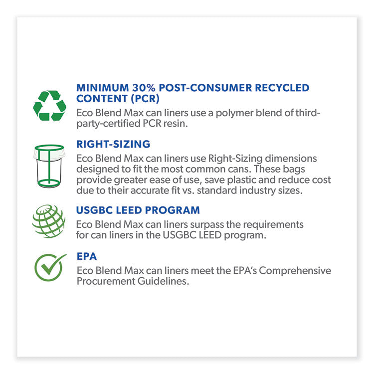 Eco Blend Max Can Liners, 23 gal, 0.8 mil, 28" x 45", Black, 25 Bags/Roll, 10 Rolls/Carton