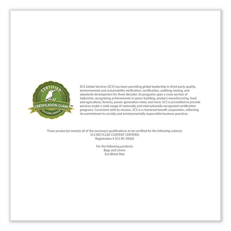 Eco Blend Max Can Liners, 23 gal, 0.8 mil, 28" x 45", Black, 25 Bags/Roll, 10 Rolls/Carton