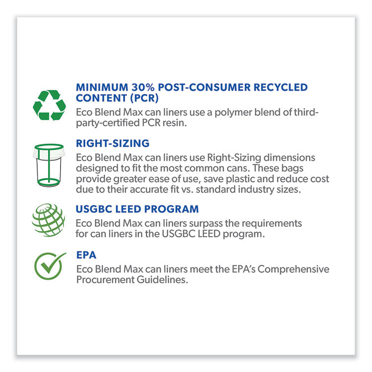 Eco Blend Max Can Liners, 60 gal, 0.8 mil, 38" x 58", Black, 20 Bags/Roll, 5 Rolls/Carton