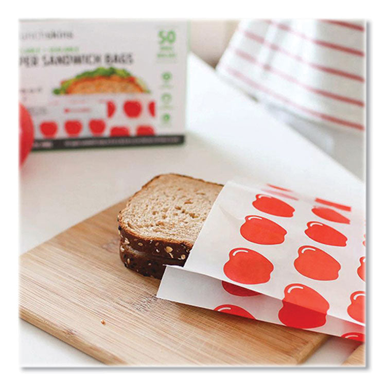 Peel and Seal Sandwich Bag with Closure Strip, 6.3" x 2" x 7.9", Red Apples/White, 50/Box