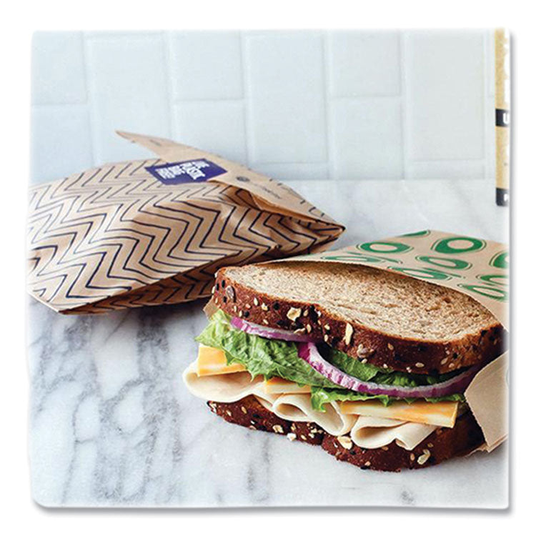 XL Sandwich Bag with Resealable Stickers, 7.1" x 2" x 9.1", Black Stripes/Natural Kraft, 50/Box