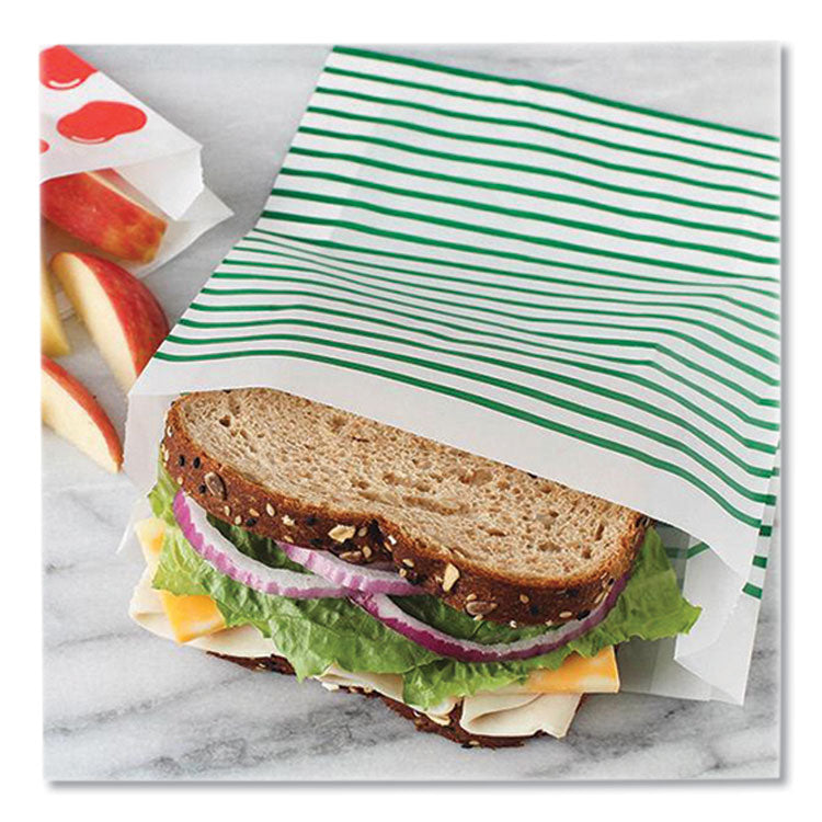 Paper Sandwich Bag, XL Sandwich, 7.1" x 2" x 9.4", Green Stripes/White, 50/Box