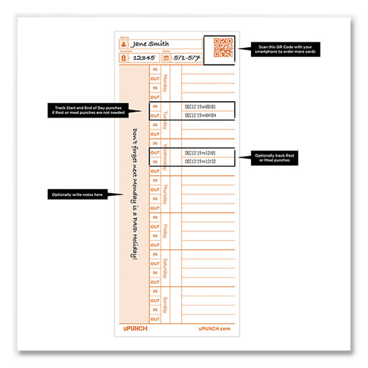Time Card for PK1100 Time Clock, Two Sides, 3.38 x 8.25, 100/Pack