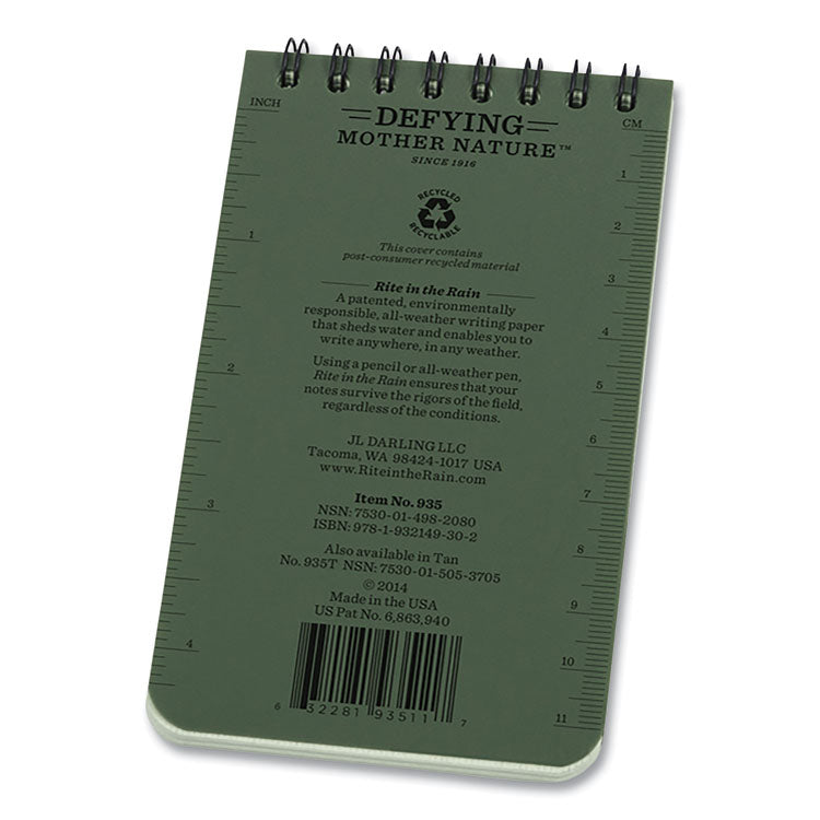 All-Weather Wire-O Notepad, Universal: Narrow Rule and Quadrille Rule, Dark Green Cover, 50 White 3 x 5 Sheets
