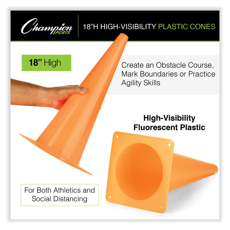 High-Visibility Plastic Cones, 18" Tall, Florescent Orange, 8" x 8" Base