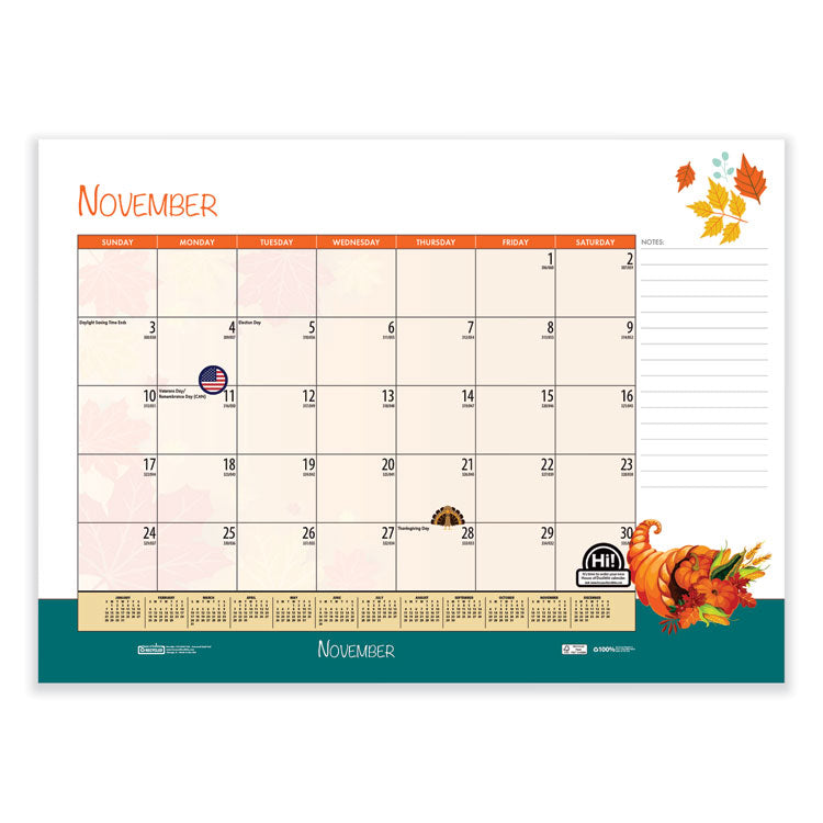 Recycled Desk Pad Calendar, Illustrated Seasons Artwork, 22 x 17, Black Binding/Corners,12-Month (Jan to Dec): 2025