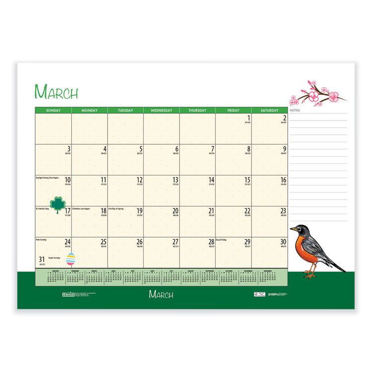 Recycled Desk Pad Calendar, Illustrated Seasons Artwork, 22 x 17, Black Binding/Corners,12-Month (Jan to Dec): 2025
