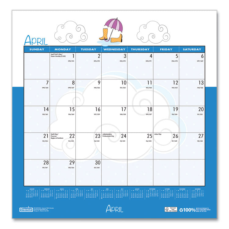 Recycled Seasonal Wall Calendar, Illustrated Seasons Artwork, 12 x 12, 12-Month (Jan to Dec): 2025