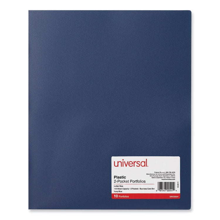 Two-Pocket Plastic Folders, 100-Sheet Capacity, 11 X 8.5, Navy Blue, 10/pack