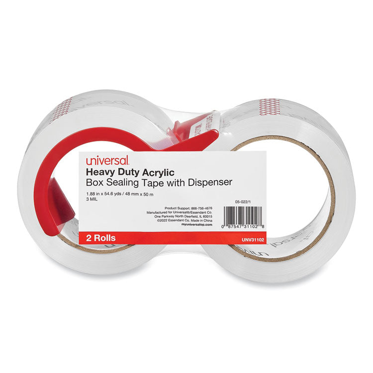 Heavy-Duty Acrylic Box Sealing Tape With Dispenser, 3" Core, 1.88" X 54.6 Yds, Clear, 2/pack