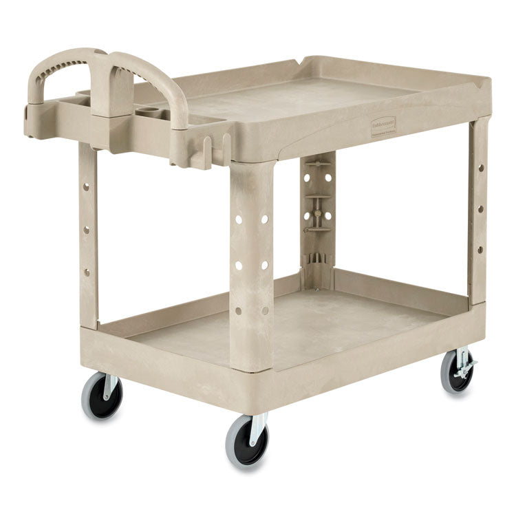 BRUTE Heavy-Duty Utility Cart with Lipped Shelves, Plastic, 2 Shelves, 500 lb Capacity, 17.13" x 38.5" x 38.88", Beige
