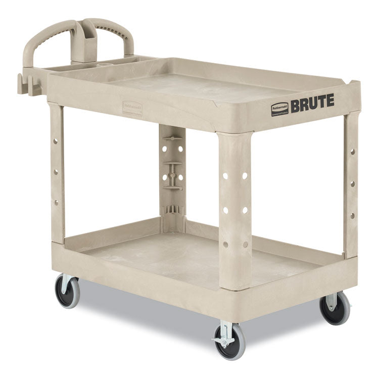 BRUTE Heavy-Duty Utility Cart with Lipped Shelves, Plastic, 2 Shelves, 500 lb Capacity, 17.13" x 38.5" x 38.88", Beige