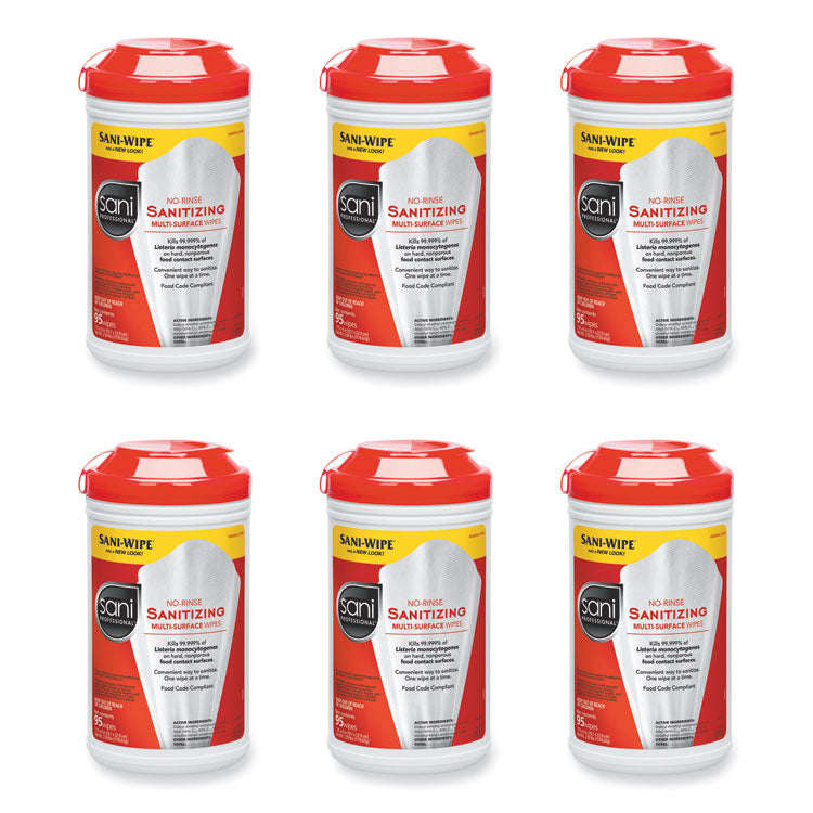 No-Rinse Sanitizing Multi-Surface Wipes, Unscented, White, 95/Container, 6/Carton