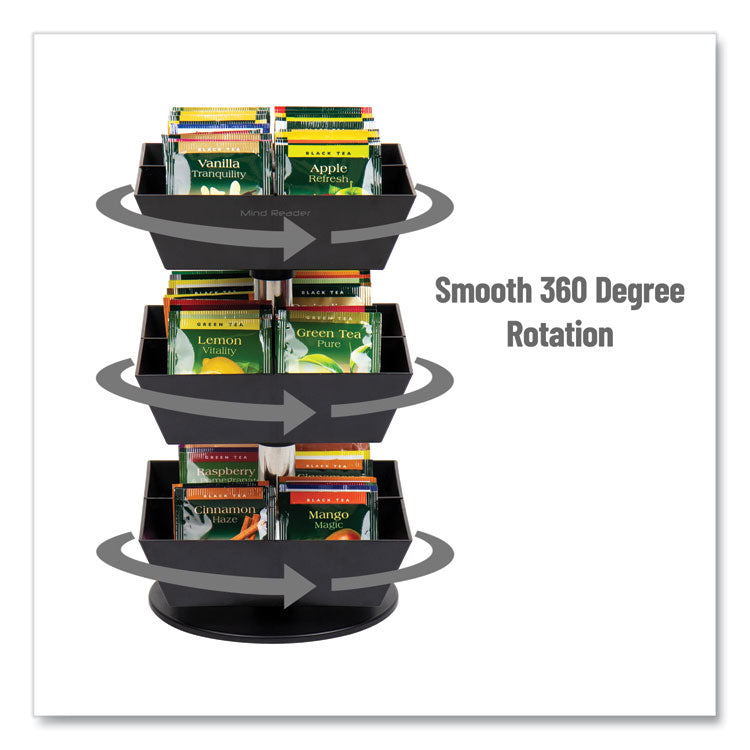 Anchor Collection 3-Tier 12-Compartment Tea and Condiment Carousel Countertop Organizer, 6.75 x 6.75 x 11.5, Black