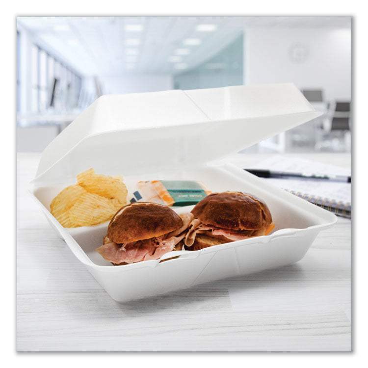 Foam Hinged Lid Containers, 3 Compartments, 9.25 x 9.5 x 3, White, 100/Sleeve, 2 Sleeves/Carton