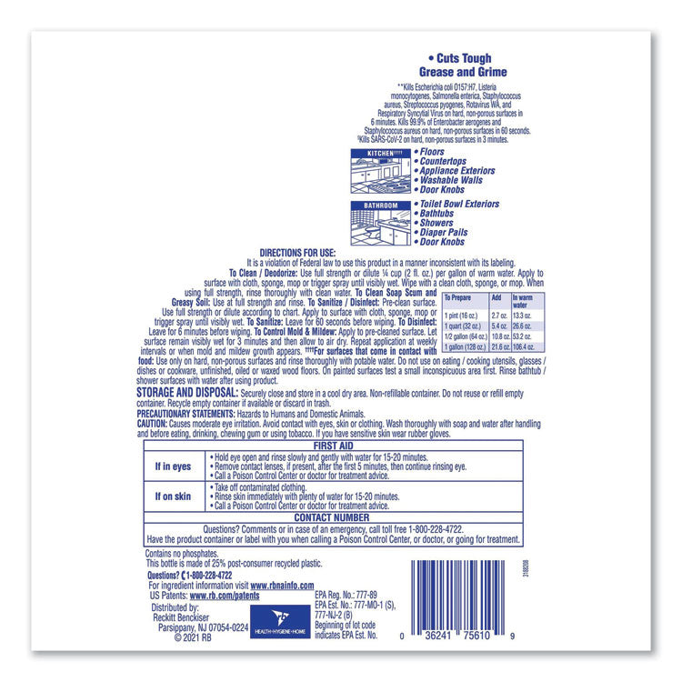 Clean and Fresh Multi-Surface Disinfectant Cleaner, Sparkling Lemon and Sunflower Essence, 144 oz Bottle