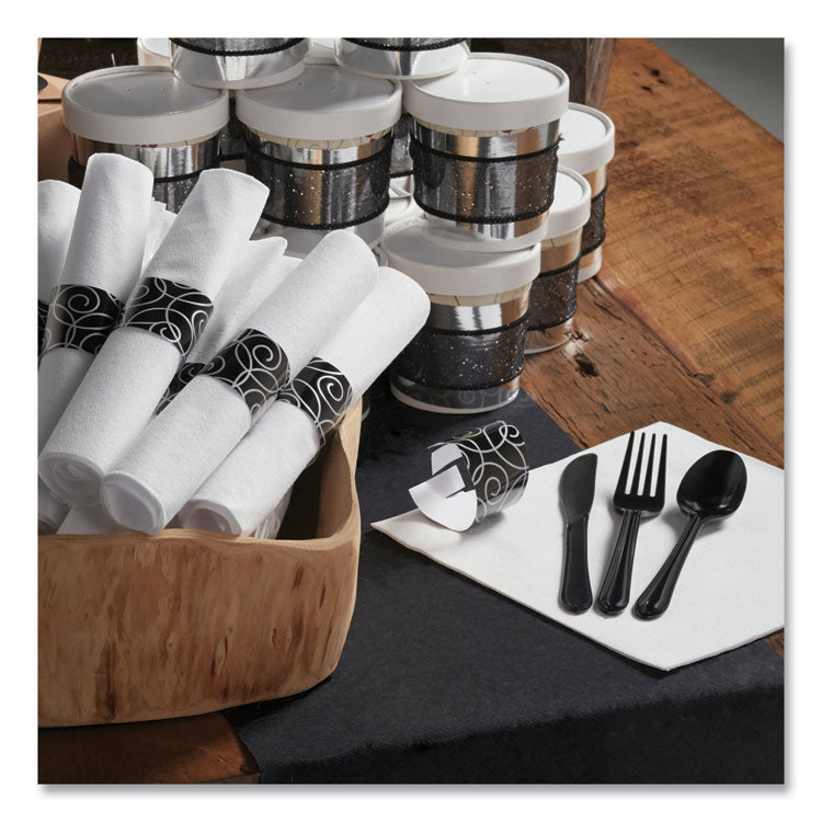 CaterWrap Heavyweight Cutlery Combo Kit, Fork/Knife/Napkin/Spoon, Plastic, Black, 100/Carton