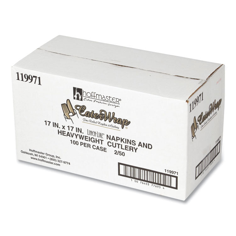 CaterWrap Heavyweight Cutlery Combo Kit, Fork/Knife/Napkin/Spoon, Plastic, Black, 100/Carton