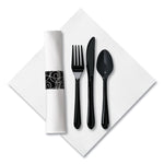 CaterWrap Heavyweight Cutlery Combo Kit, Fork/Knife/Napkin/Spoon, Plastic, Black, 100/Carton