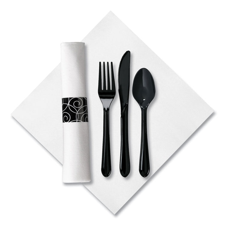 CaterWrap Heavyweight Cutlery Combo Kit, Fork/Knife/Napkin/Spoon, Plastic, Black, 100/Carton