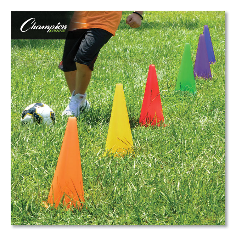 High-Visibility Plastic Cones, 9" Tall, Assorted Colors, 5" x 5" Base, 6/Set