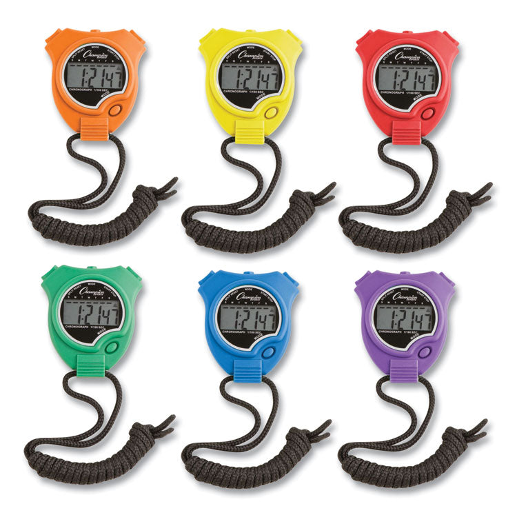 Water-Resistant Stopwatches, Accurate To 1/100 Second, Assorted Colors, 6/box