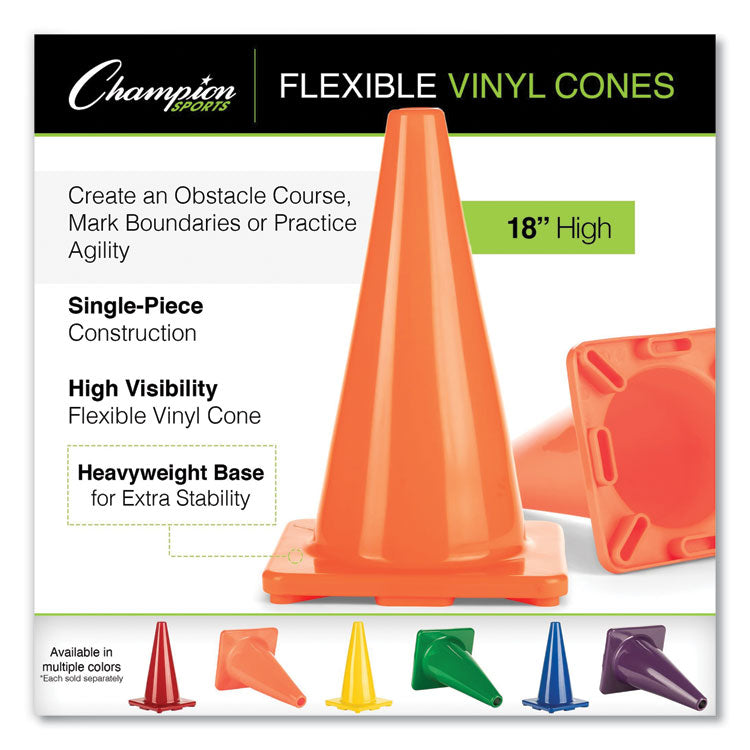 Hi-Visibility Vinyl Cones, 18" Tall, Fluorescent Orange, 10.63" x 10.63" Base
