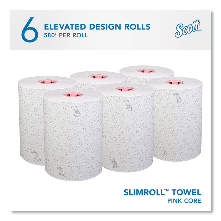 Slimroll Towels, 1-Ply, 8" x 580 ft, White/Pink Core, Traditional Business, 6 Rolls/Carton