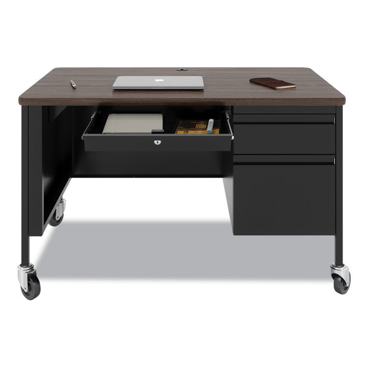 Mobile Teachers Pedestal Desks, Right-Hand Pedestal: Box/File Drawers, 48" x 30" x 29.5", Walnut/Black