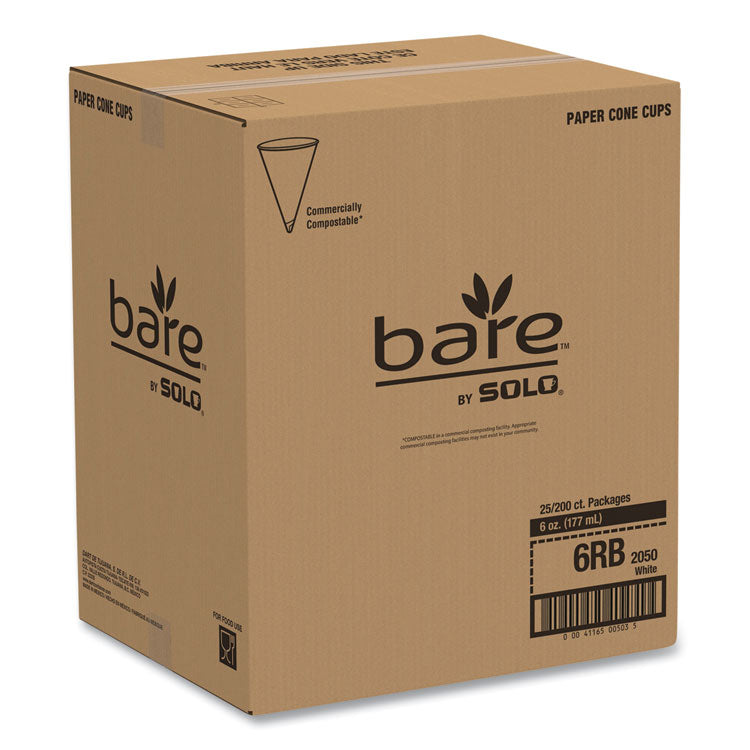 Bare Eco-Forward Treated Paper Cone Cups, 6 oz, White, 200/Sleeve, 25 Sleeves/Carton