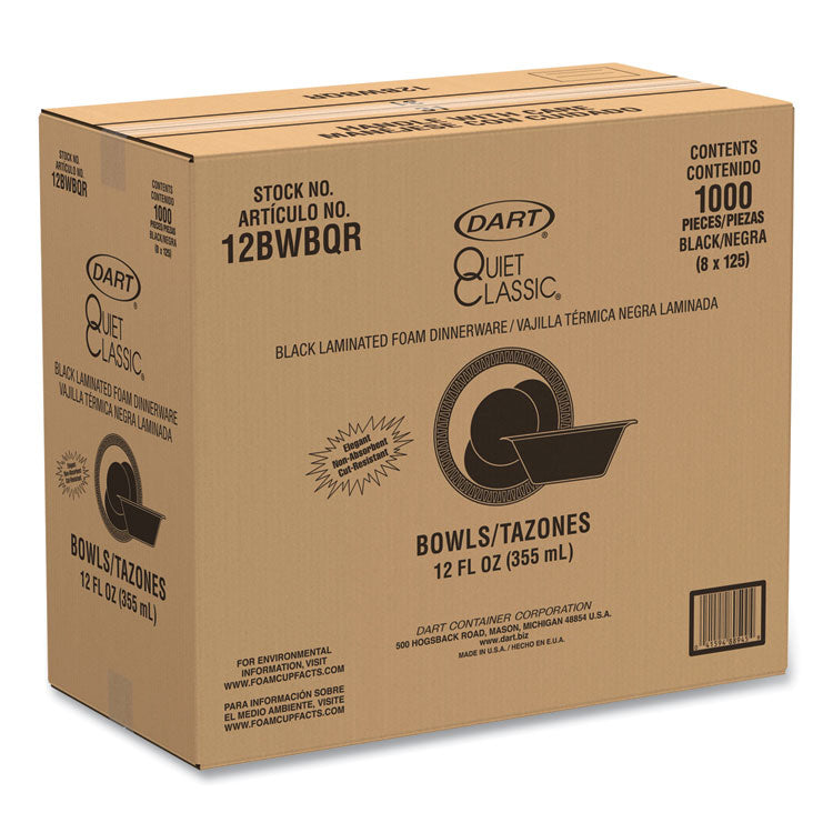 Quiet Classic Laminated Foam Dinnerware, Bowl, 12 oz, Black, 1,000/Carton