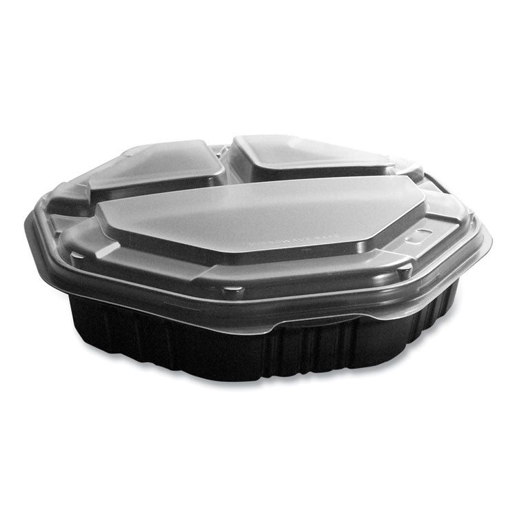 OctaView Hinged-Lid Hot Food Containers, 3 Compartments, 38 oz, 9.55 x 9.1 x 2.4, Black/Clear, Plastic, 100/Carton