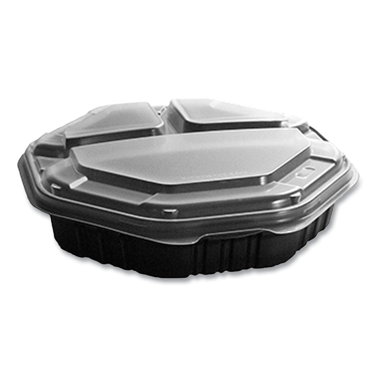 OctaView Hinged-Lid Hot Food Containers, 3 Compartments, 38 oz, 9.55 x 9.1 x 2.4, Black/Clear, Plastic, 100/Carton