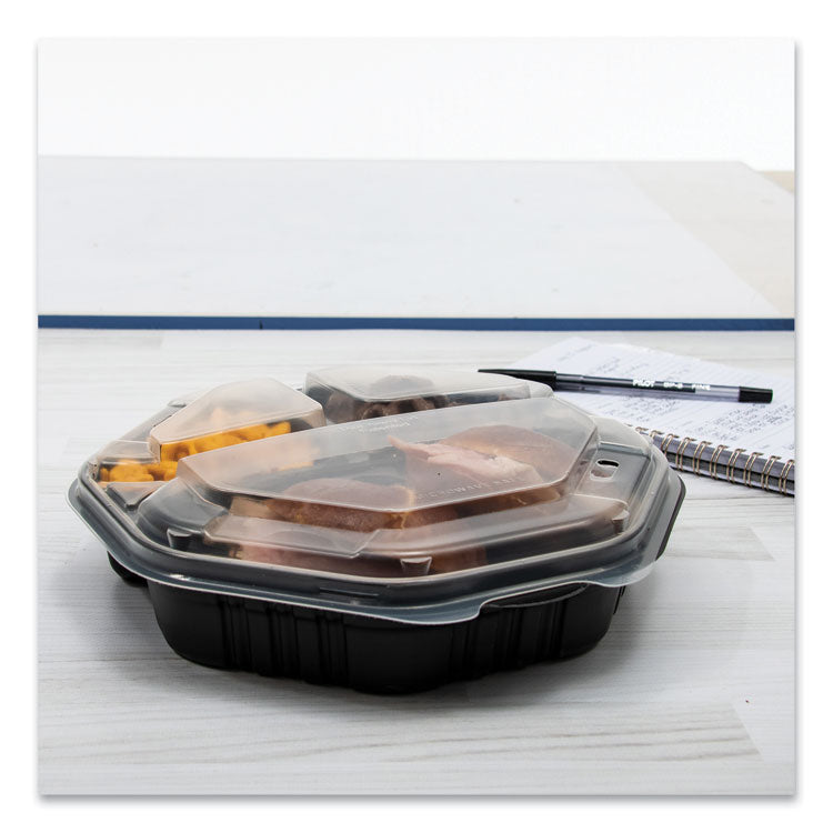 OctaView Hinged-Lid Hot Food Containers, 3 Compartments, 38 oz, 9.55 x 9.1 x 2.4, Black/Clear, Plastic, 100/Carton