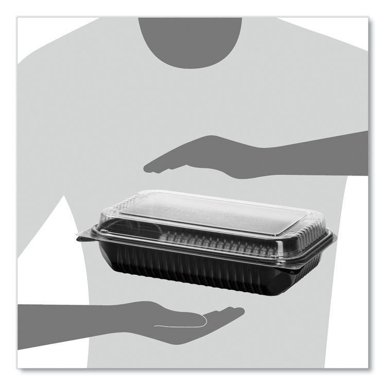 Hinged-Lid Dinner Box, 64 oz, 11.5 x 8.1 x 3, Black/Clear, Plastic, 100/Carton
