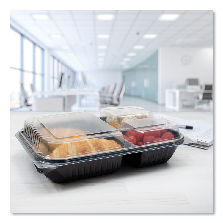 Hinged-Lid Dinner Box, 3 Compartments, 32 oz, 11.5 x 8.1 x 3, Black/Clear, Plastic, 100/Carton
