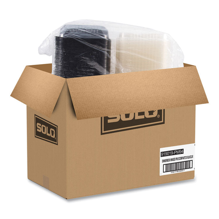 Hinged-Lid Dinner Box, 3 Compartments, 32 oz, 11.5 x 8.1 x 3, Black/Clear, Plastic, 100/Carton